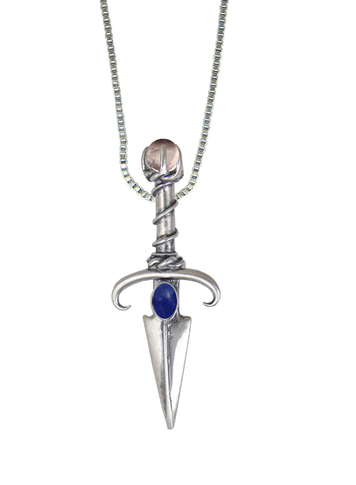 Sterling Silver Black Prince's Knife Dagger Pendant With Lapis Lazuli And Rose Quartz